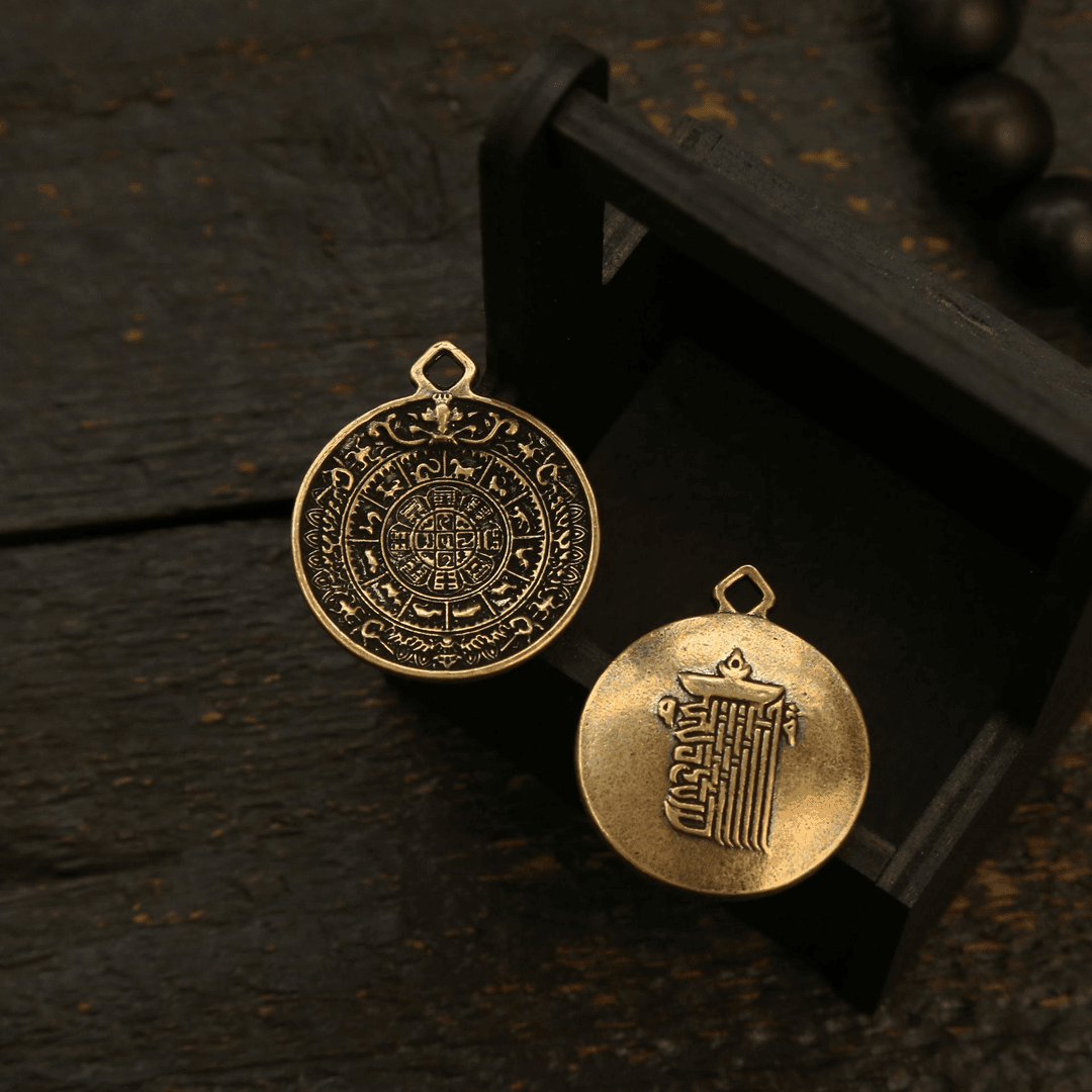 Brass Kalachakra & Eight Auspicious Symbols Round Pendant Keychain