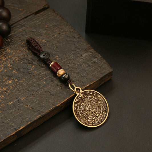 Brass Kalachakra & Eight Auspicious Symbols Round Pendant Keychain